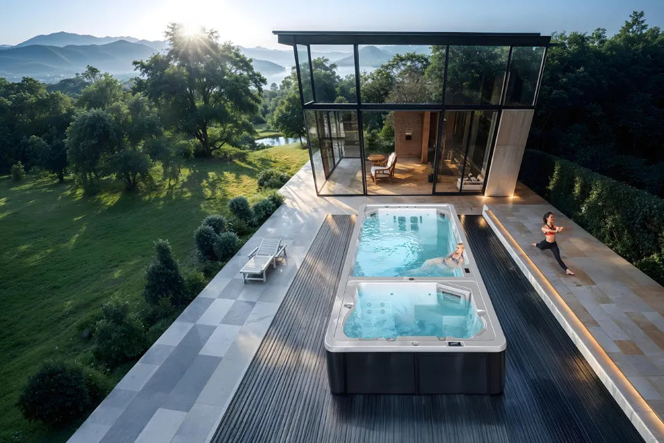 Twee meisjes genieten van beta-wellness - zwembad met twee kamers - zwemspa - buiten