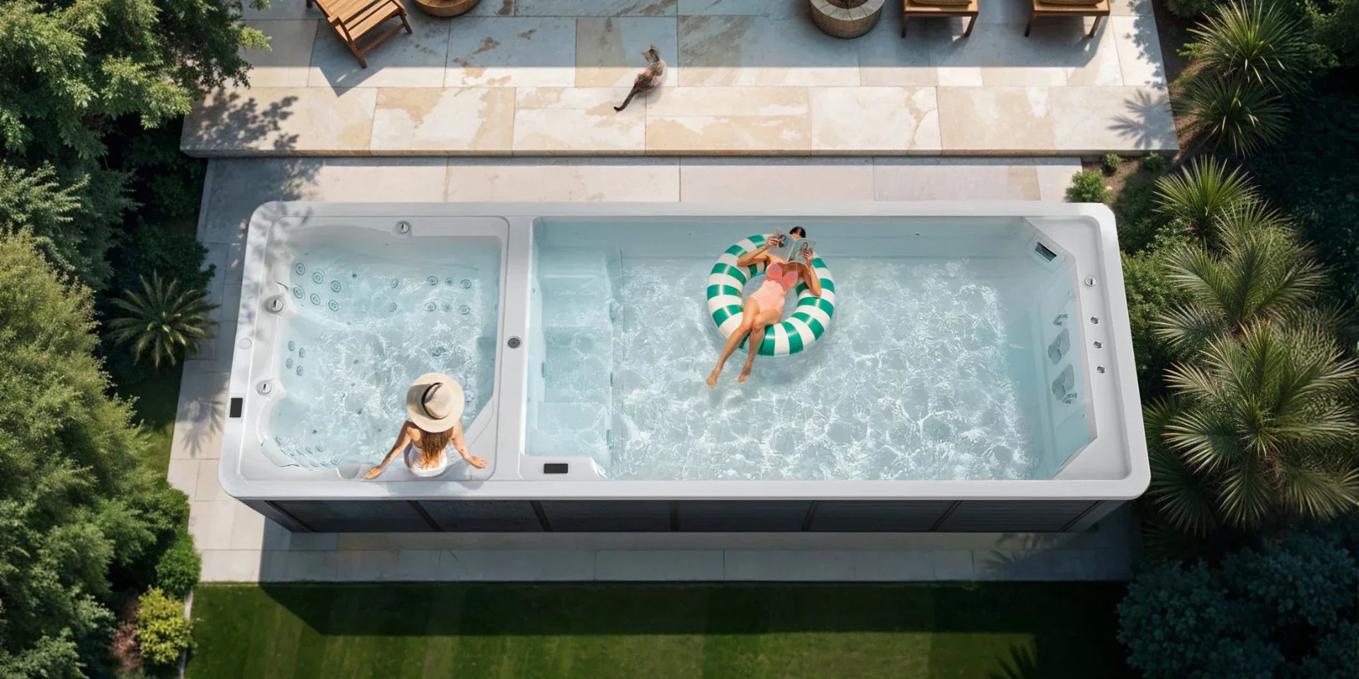 Ontspan in de buitentuin met een zwemspa met twee zones