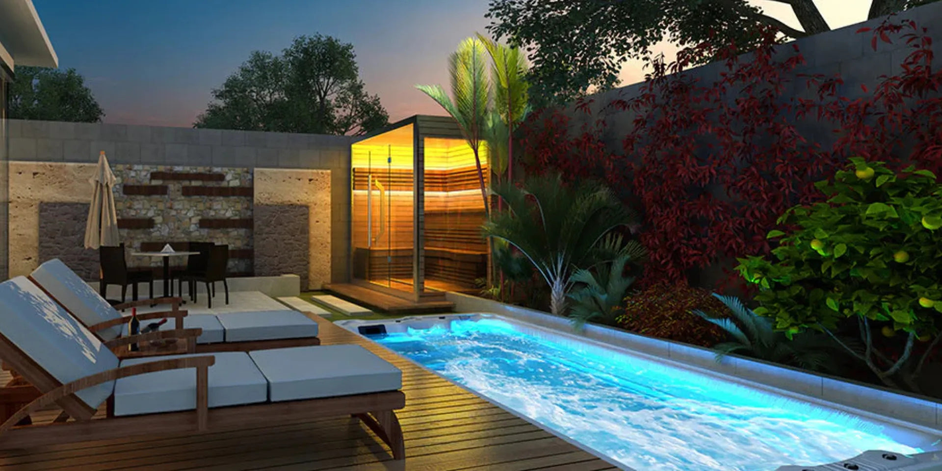beta-wellness - zwemmen - spa - buiten - avond - in - de - achtertuin - van - een - Nederlands - huis